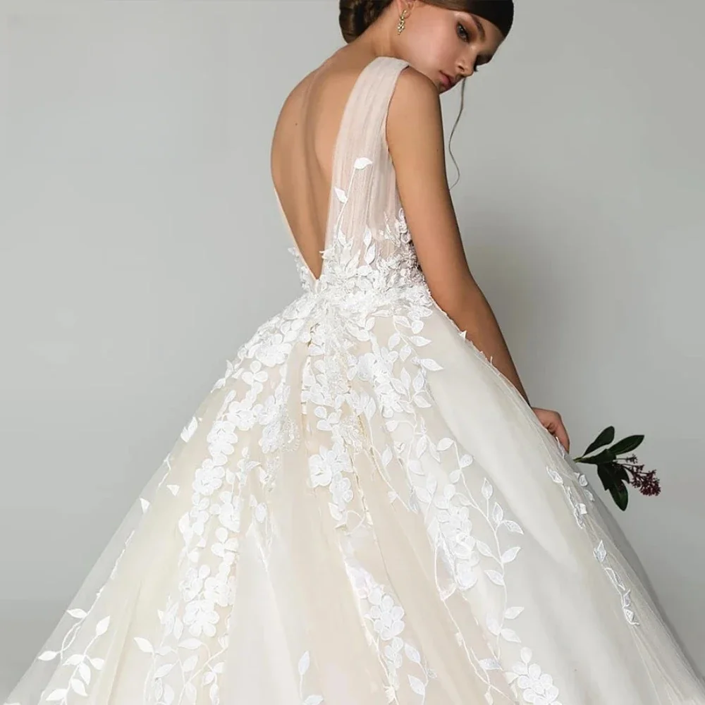 Personalizado 2025 sexy profundo decote em v vestido de casamento clássico renda applique sem costas vestido de noiva princesa noiva casamento roupas femininas