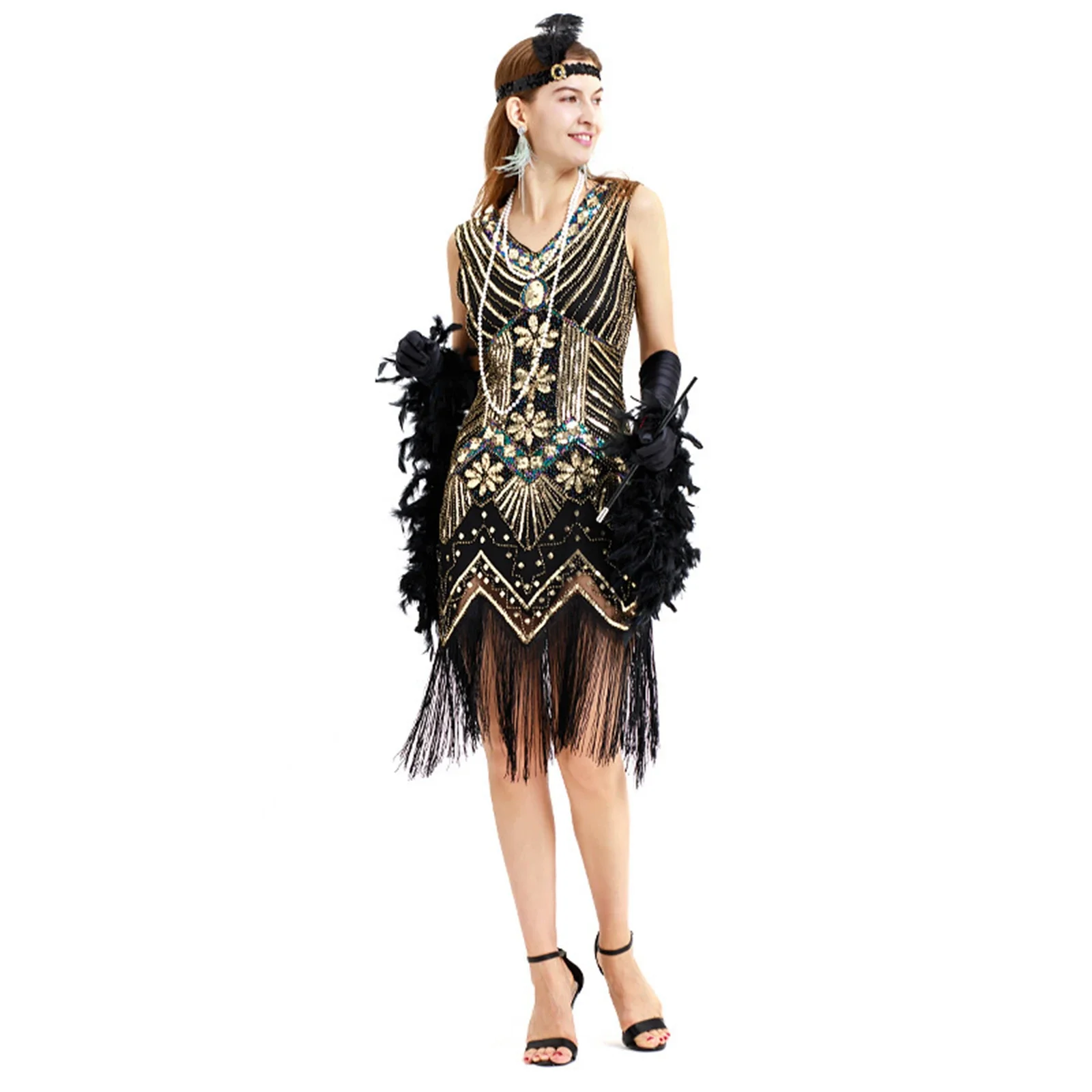 Vintage 1920s Flapper V-neck Double Tassel Dress Great Gatsby Cosplay Costume Cocktail Party Charleston Dance Sequin Stud Dress