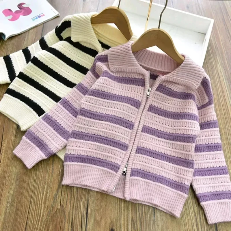 

Girls' Striped Lapel Cardigan Sweater Spring Autumn Fashionable Westernized Children's Coat Long Sleeved Casual Zipper Sweater