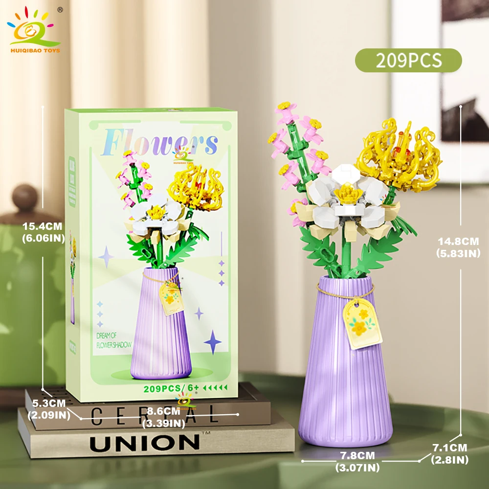 HUIQIBAO MOC Eeuwig Bloemboeket met pot Micro Bouwsteen Zonnebloem Rose Mini Model Baksteen Speelgoed thuis Bureau Decoratie