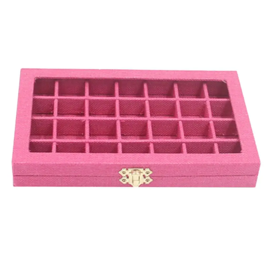 Sackcloth Linen Clear Lid Jewelry Tray Showcase Display Storage Box 28 Grids Sackcloth Jewelry Box Packaging
