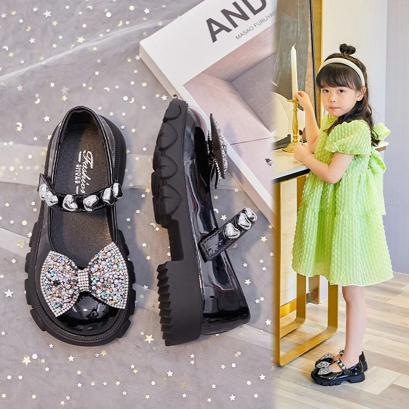 Fashion Girls Mary Jane Leather Shoes Blingbling Lace Bowknot and Pearl Decoration Princess Shoes Party Princess Girl Shoe