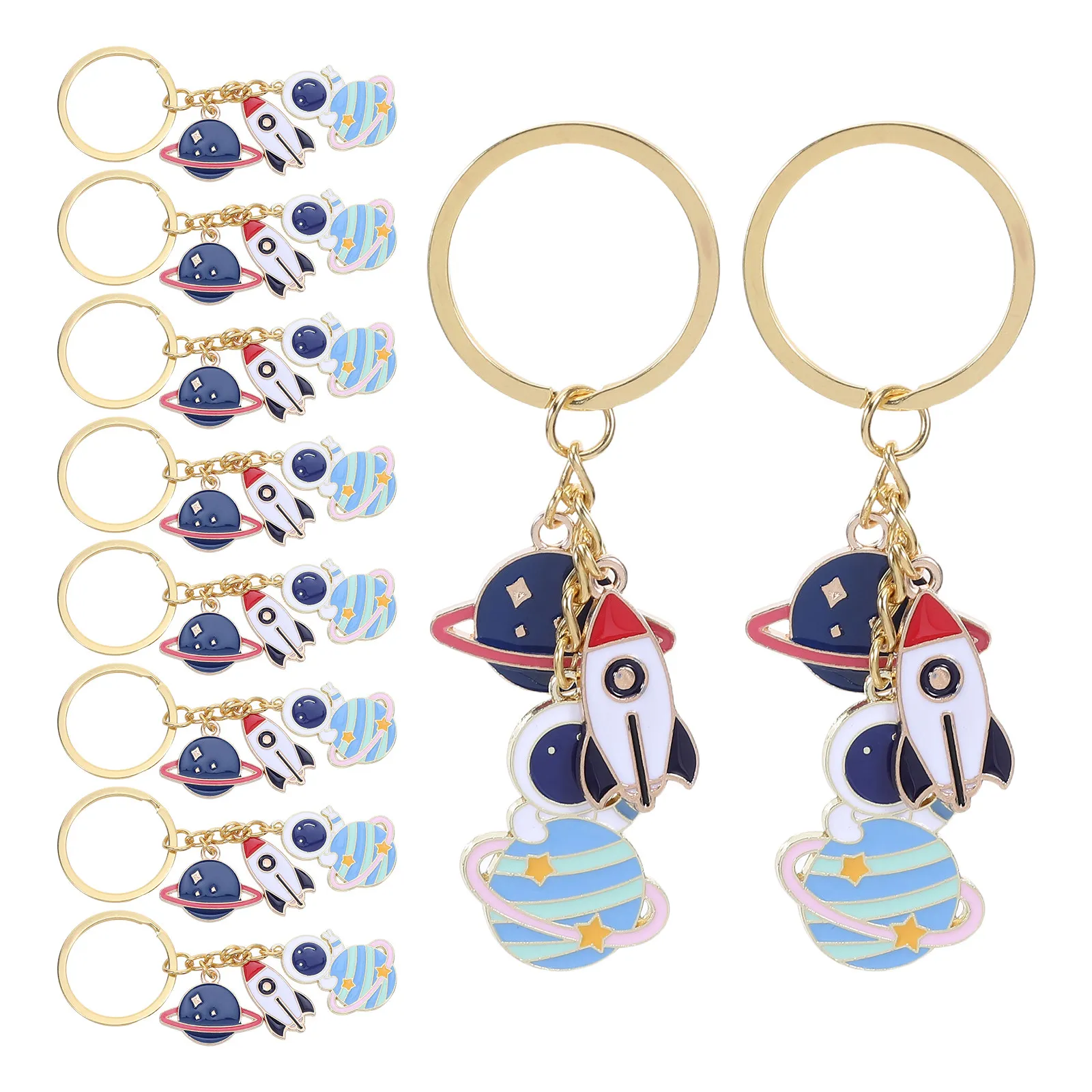 10Pcs Space Theme Keyrings Cute Astronaut Keychain Charm Mini Spaceman Bag Pendant Rocket Ship Party Favor Birthday Return Gifts
