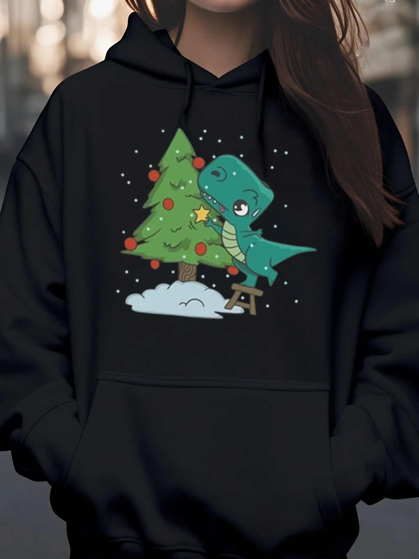 

Праздничная толстовка с принтом рождественской елки и динозавра, уютная зимняя одежда для женщин и девочек