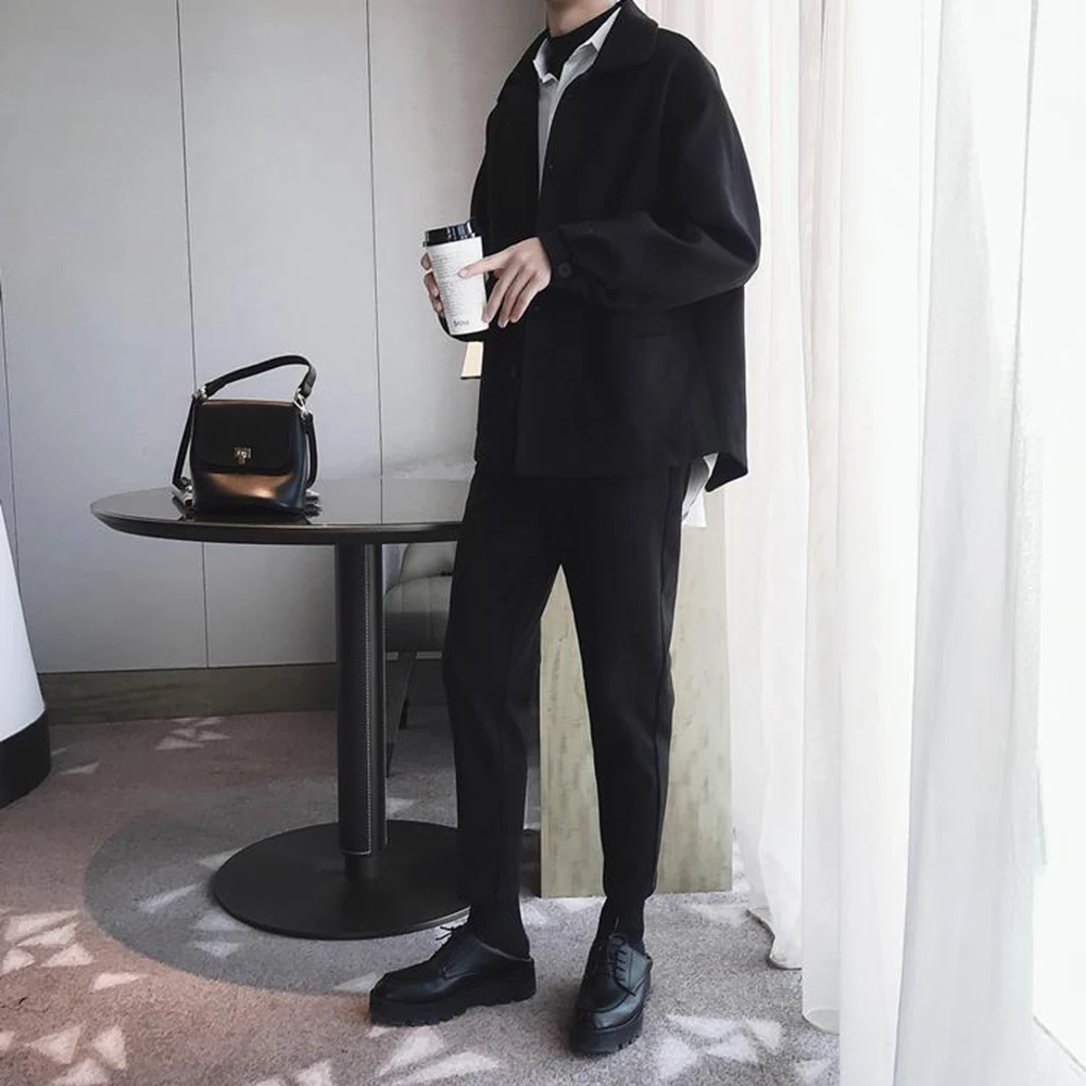 Retro Suit Jacket Mens Windbreaker Korean Style Trendy Casual Loose Suit Jacket Handsome Autumn And Winter Solid Color Coat Men