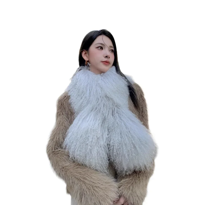 Korean quality beach sheep hair long scarf, thickened and warm in winter, double-sided whole fur long scarf, real fur scarf.