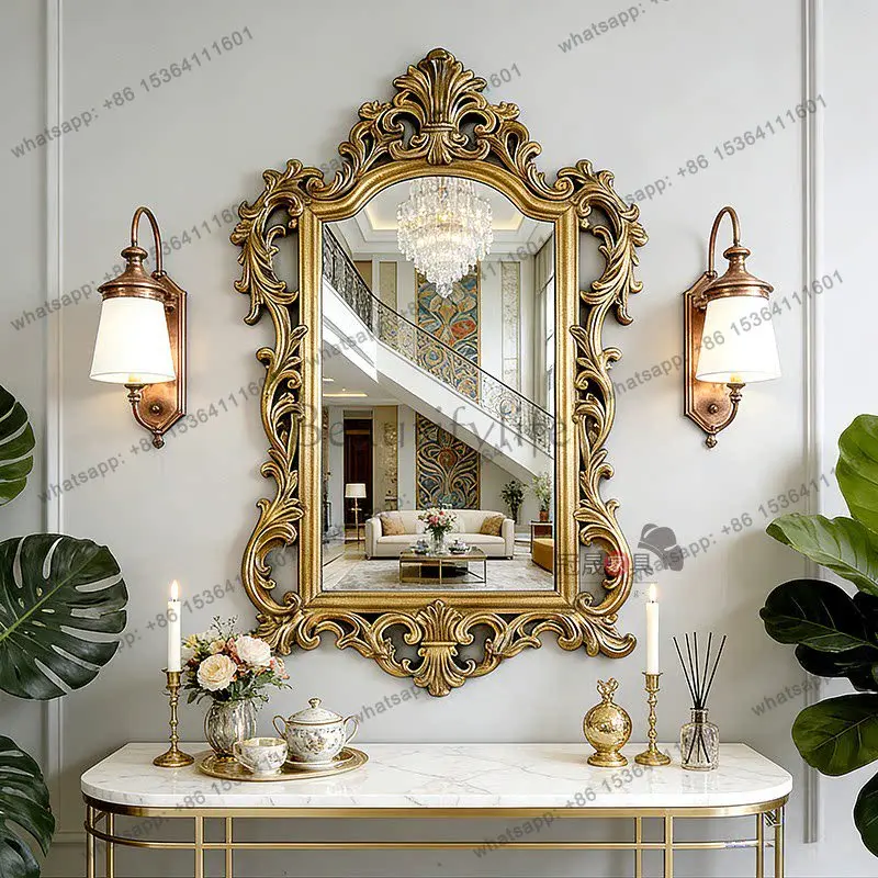 European retro entrance wall-mounted decorative mirror wall-mounted special-shaped carved dressing mirror