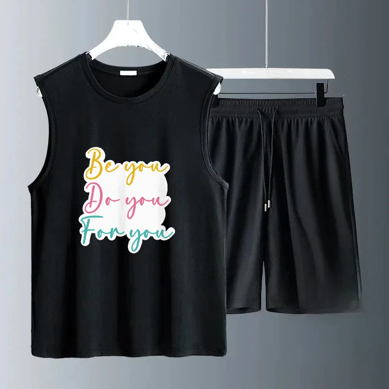 

2025 Men Daily Wear Casual Summer Sleeveless Colorful English abstract print Outfit Lightweight Perfect for Home suits gym sets