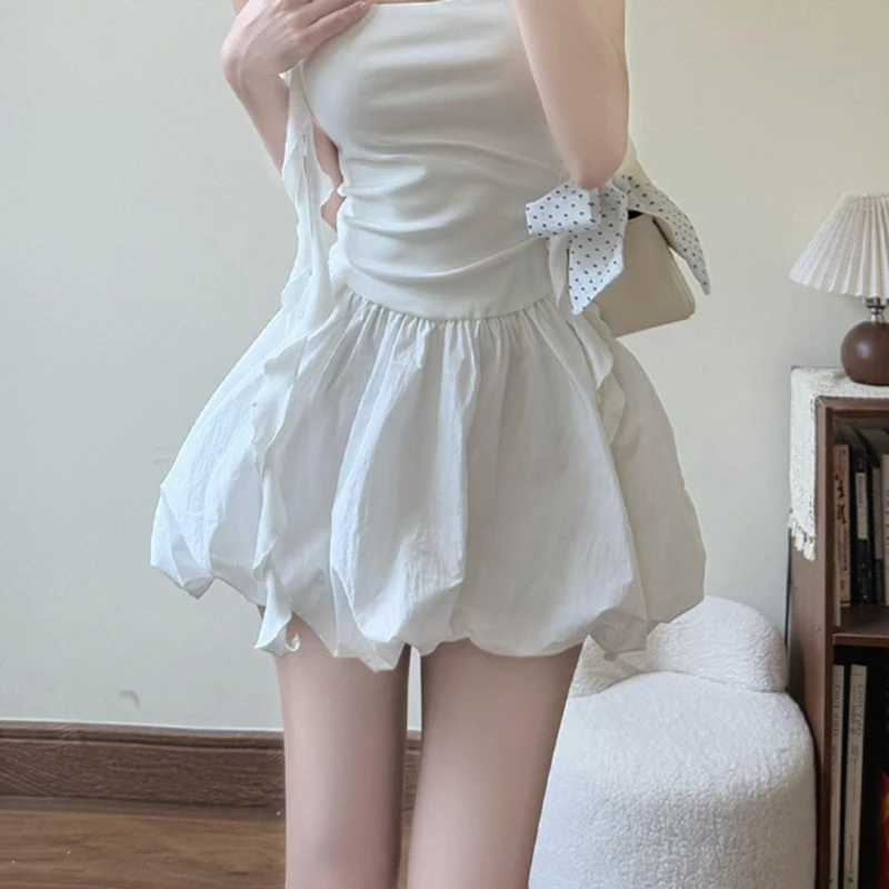 เกาหลีเก๋จีบพัฟกระโปรงมินิกระโปรงผู้หญิง 2025 ฤดูร้อนเอวสูงดอกไม้ Bud กระโปรงสั้นผู้หญิงสีทึบทั้งหมดเค้กกระโปรง