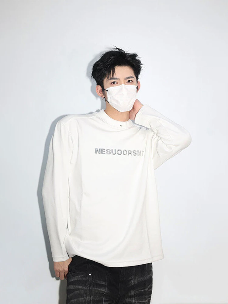 Black Long Sleeve Cotton T-Shirt Men's Spring Fashion Shoulder Level Base Shirt Small Collar Letter Print Standard Fit Tee