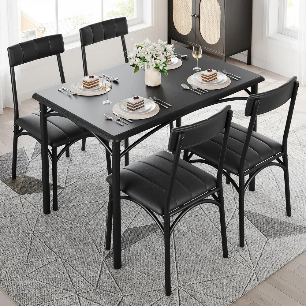 Dining Table Set for 4, Kitchen Table and Chairs, Rectangular Dining Room Table Set with 4 Upholstered Chairs