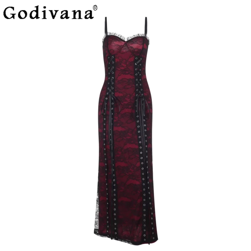 

Gothic Style Lace Double Layer Strap Dress Women's Punk Style Red and Black Dress Female Summer Lolita Sexy Long Dress