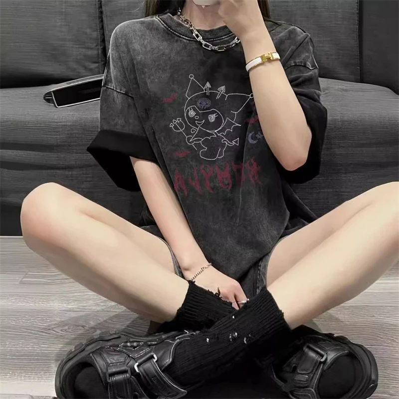 Sanrio Gothic mi gotik Harajuku Ullzang T Shirt kadın Kawaii Anime grafik T-shirt sevimli karikatür Y2K yaz Contton Tshirt kızlar