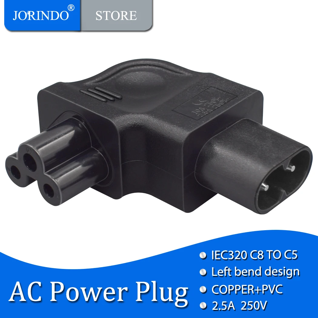 JORINDO IEC320 C8 to C5 AC power adapter, Figure 8 2-pin male to clover 3-hole female power converter plug connector