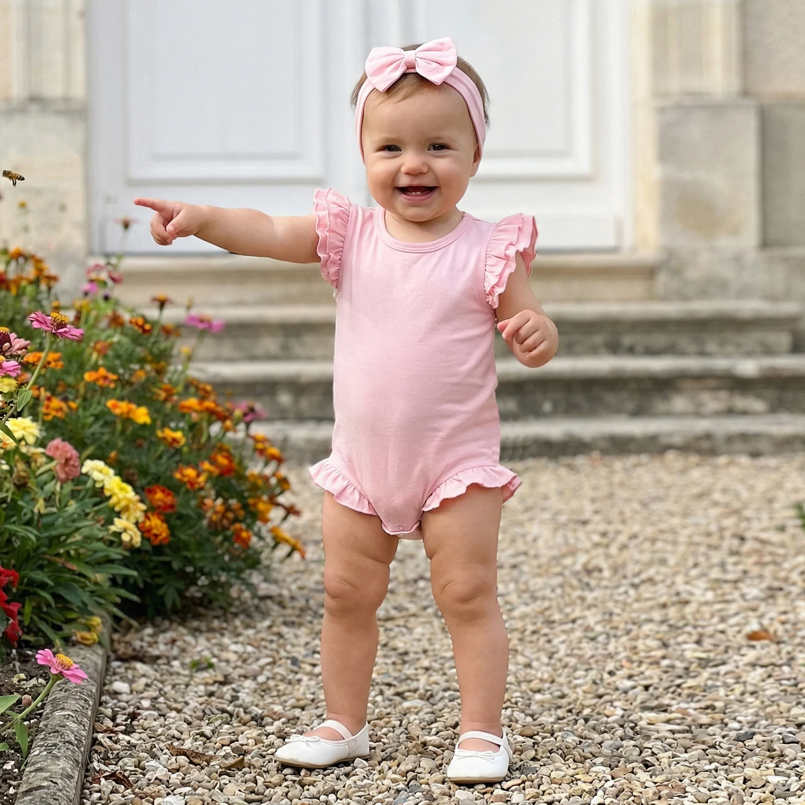 

Infant Cotton Ruffled Romper Bow Headband For Baby Girl Flutter Sleeve Bodysuits Newborn 2 Piece Cotton Overall Summer Set