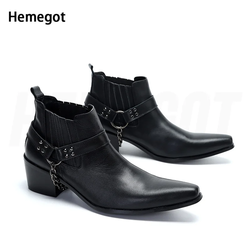 

Black Leather Zipper Men's Boots High-Heeled Leather Booties Pointy Toe Korean Style Stylish Boots Breathable Shoes Men Botas