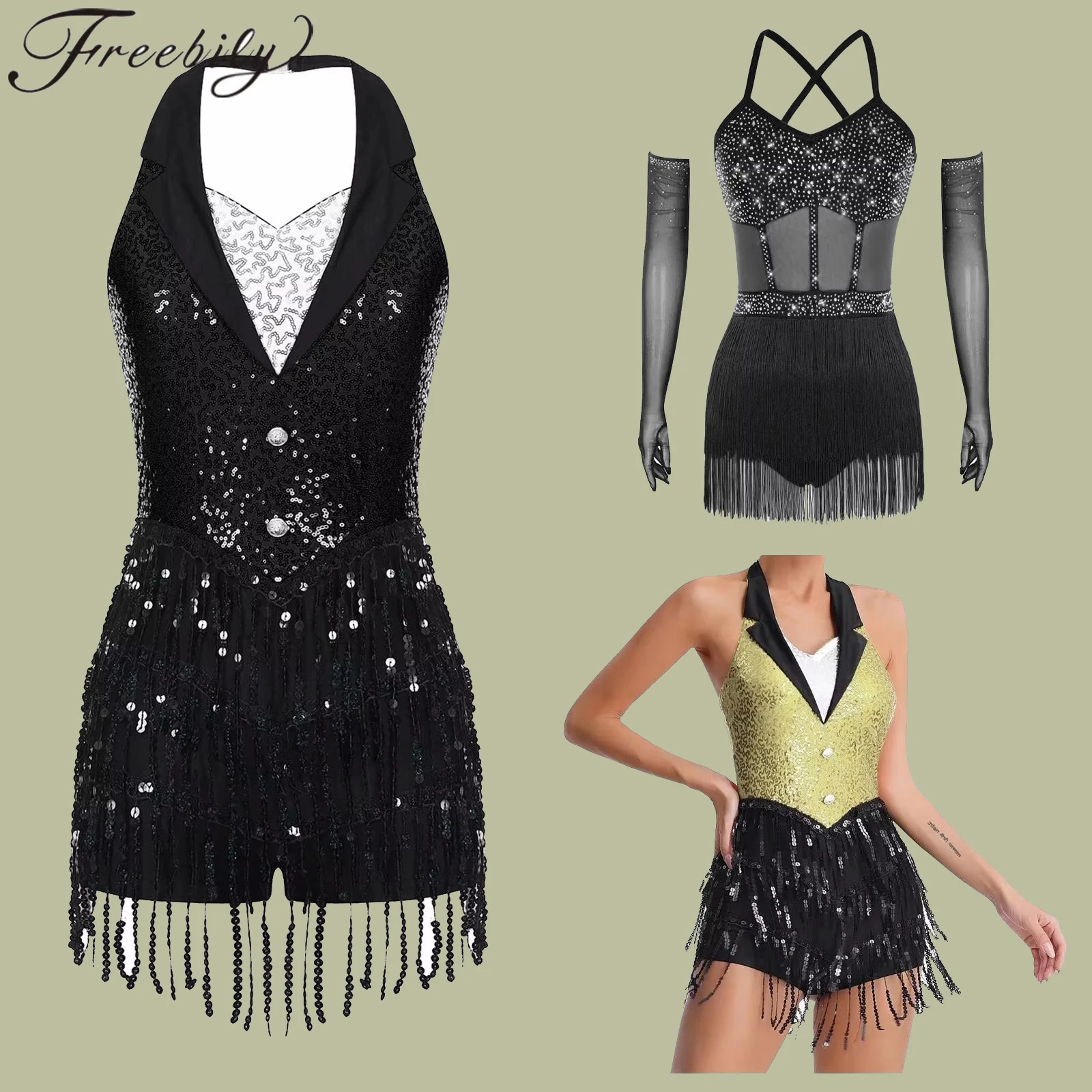 

Women Latin Modern Dance Dress Outfit Performance Costume Shiny Sequins Sleeveless Jazz Tango Salsa Dance Leotard Bodysuit Dress