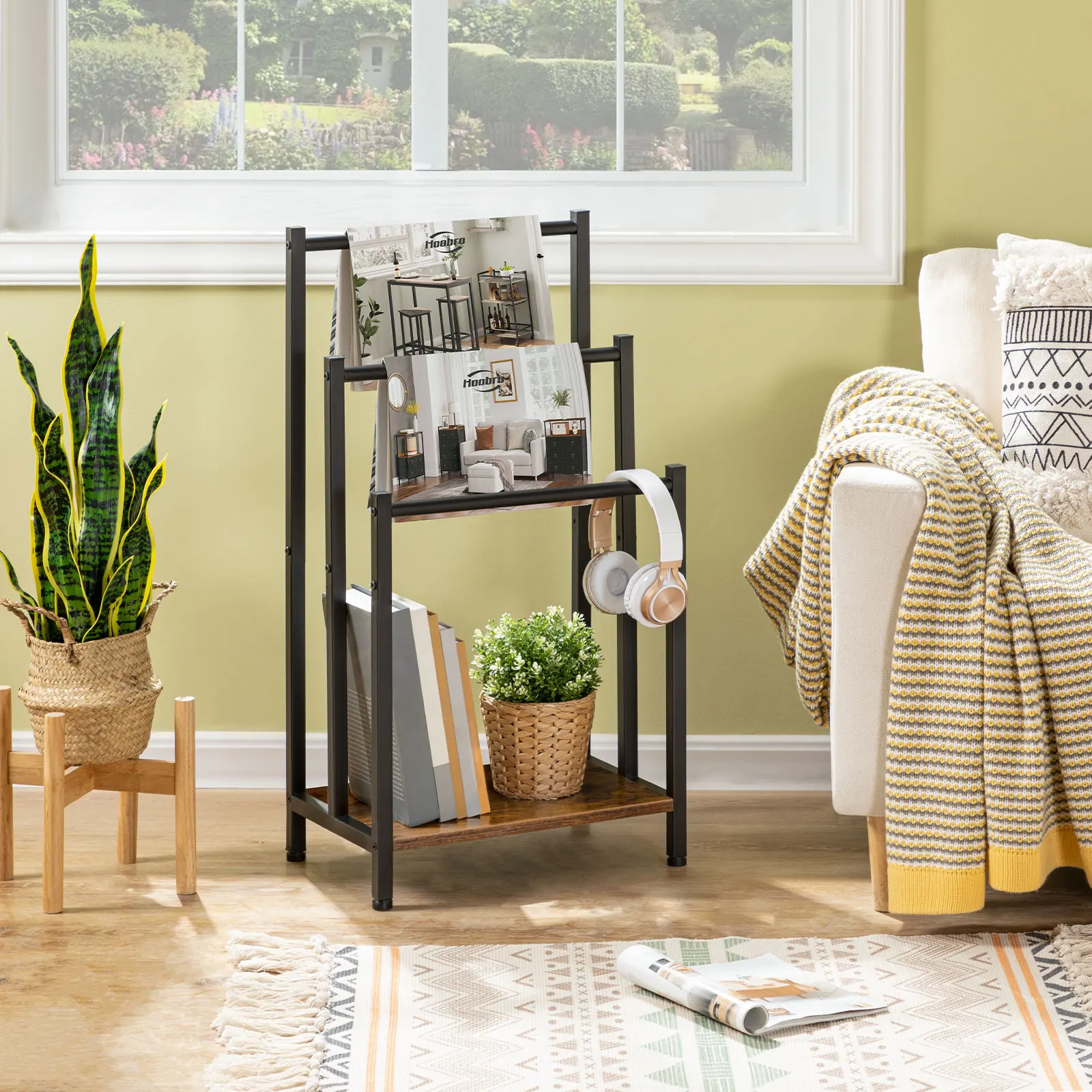 حامل مناشف HOOBRO، حامل مناشف قائم بذاته لحامل تجفيف الحمام مع 3 قضبان مناشف ورف تخزين بني #3