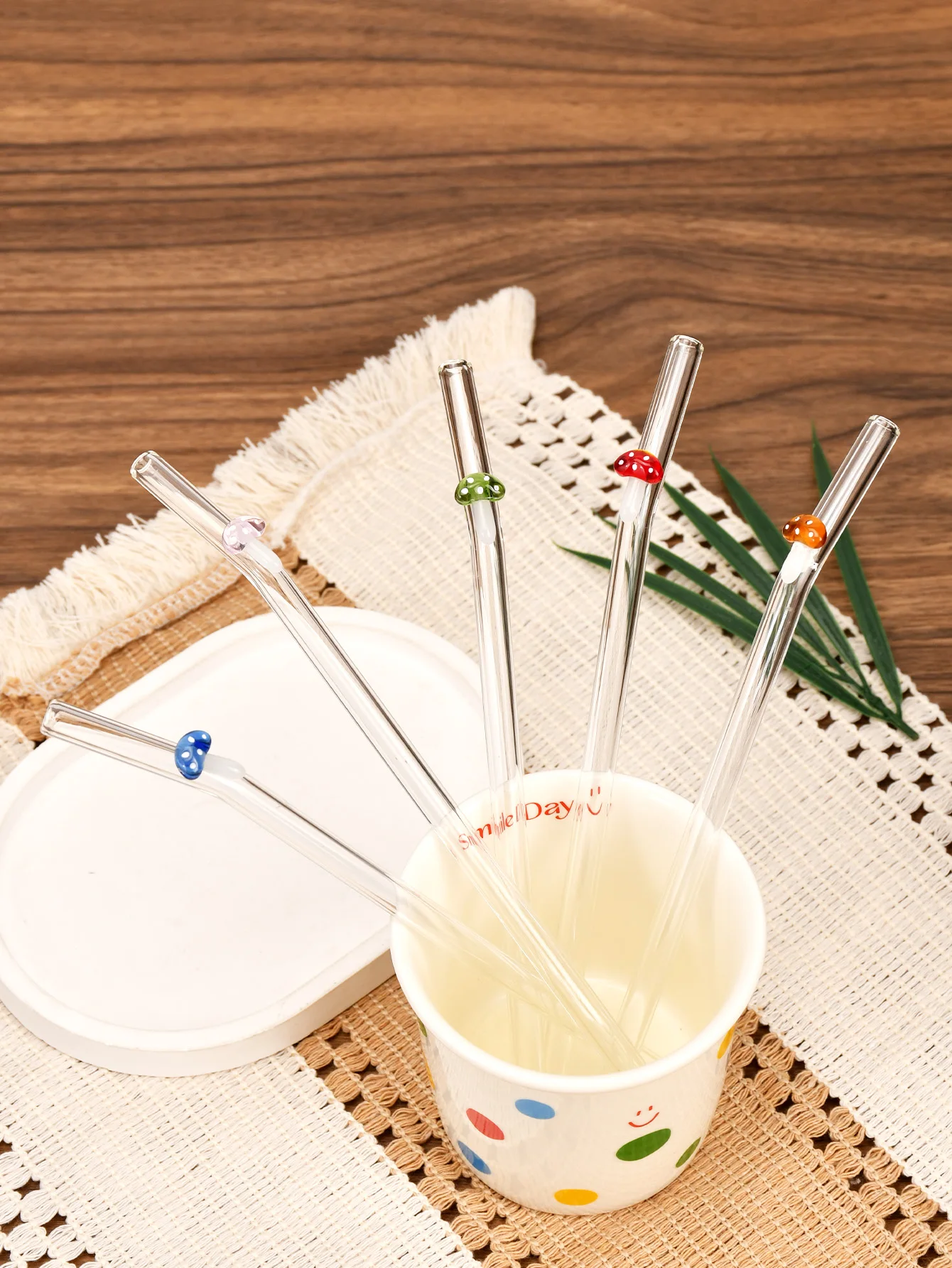 3/5PCS Whimsical Mushroom Glass Straw, Reusable Design, Includes Cleaning Brush, Premium Quality for Coffee/latte, Cafe & Home