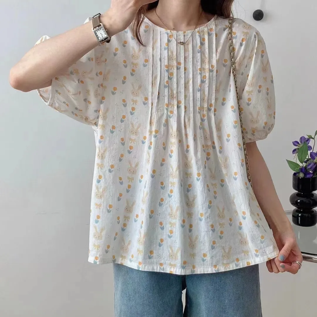 New Spring Cotton Casual Sweet Shirt Women Short Sleeve O-Neck Floral Top Girl Loose Commute OL Blouses 2024 Summer T45820QM