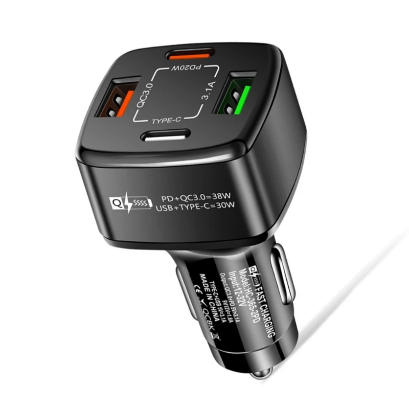 Cargador coche USB C 38W con adaptador carga rápido 4 puertos para teléfonos y auriculares que viajan