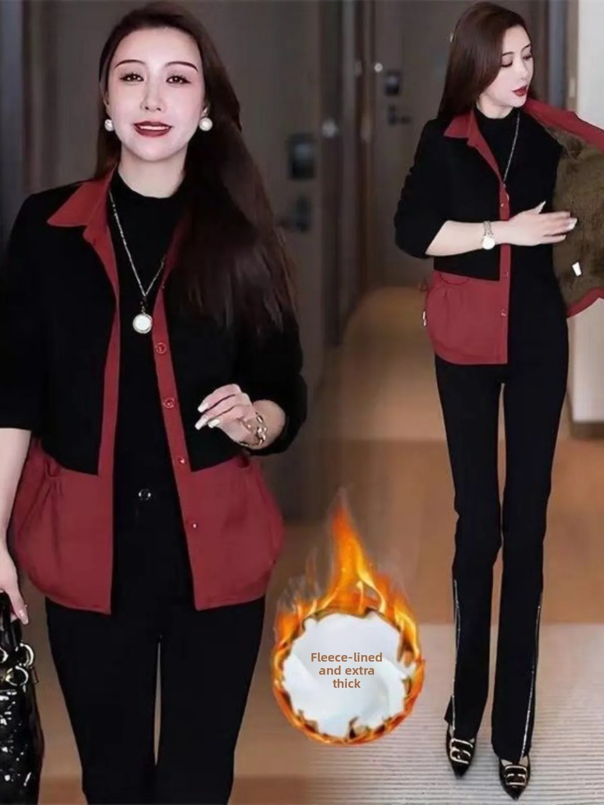 

Модный утепленный короткий кардиган из полиэстера свободного кроя с длинными рукавами и отложным воротником для женщин