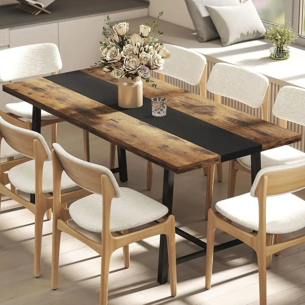 

Rustic Brown 70.9 Rectangular Dining Table for 8, Large Tabletop with Steel Legs