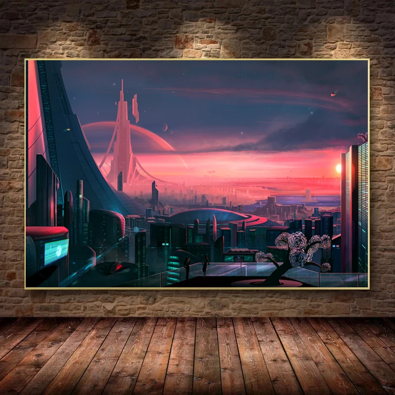 Retro Neon Futuristic Sci-Fi City Landscape Poster and Prints Canvas Painting Wall Art Pictures Home Dorm Interior Decor Gift