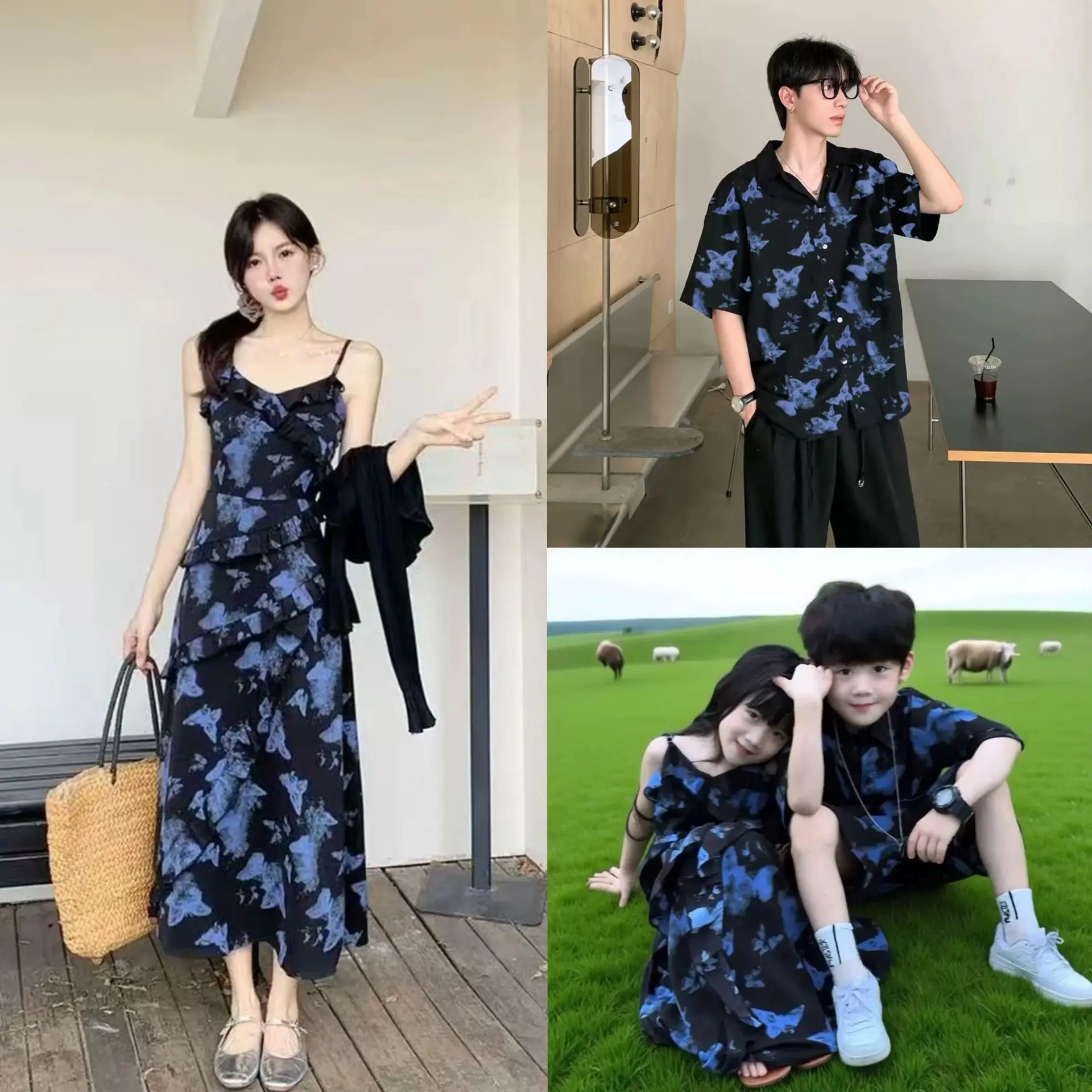 

Summer Butterfly Print Family Outfits Mom Daughter Matching Dress + Dad's Shirt Son Tops + Shorts Sets Beach Vacation Casual