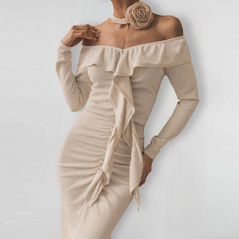 

Autumn New Design Style Ruffles Edge Long Dress Elegant Slash Collar Long Sleeve Evening Dresses Fashion Solid Color Party Dress