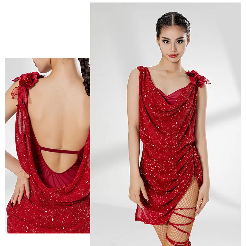 Women Latin Dance Dress Women Loose sleeveless rhinestones Practice Clothes Rumba Salsa Dance Performance Wear Red Dress S M L X