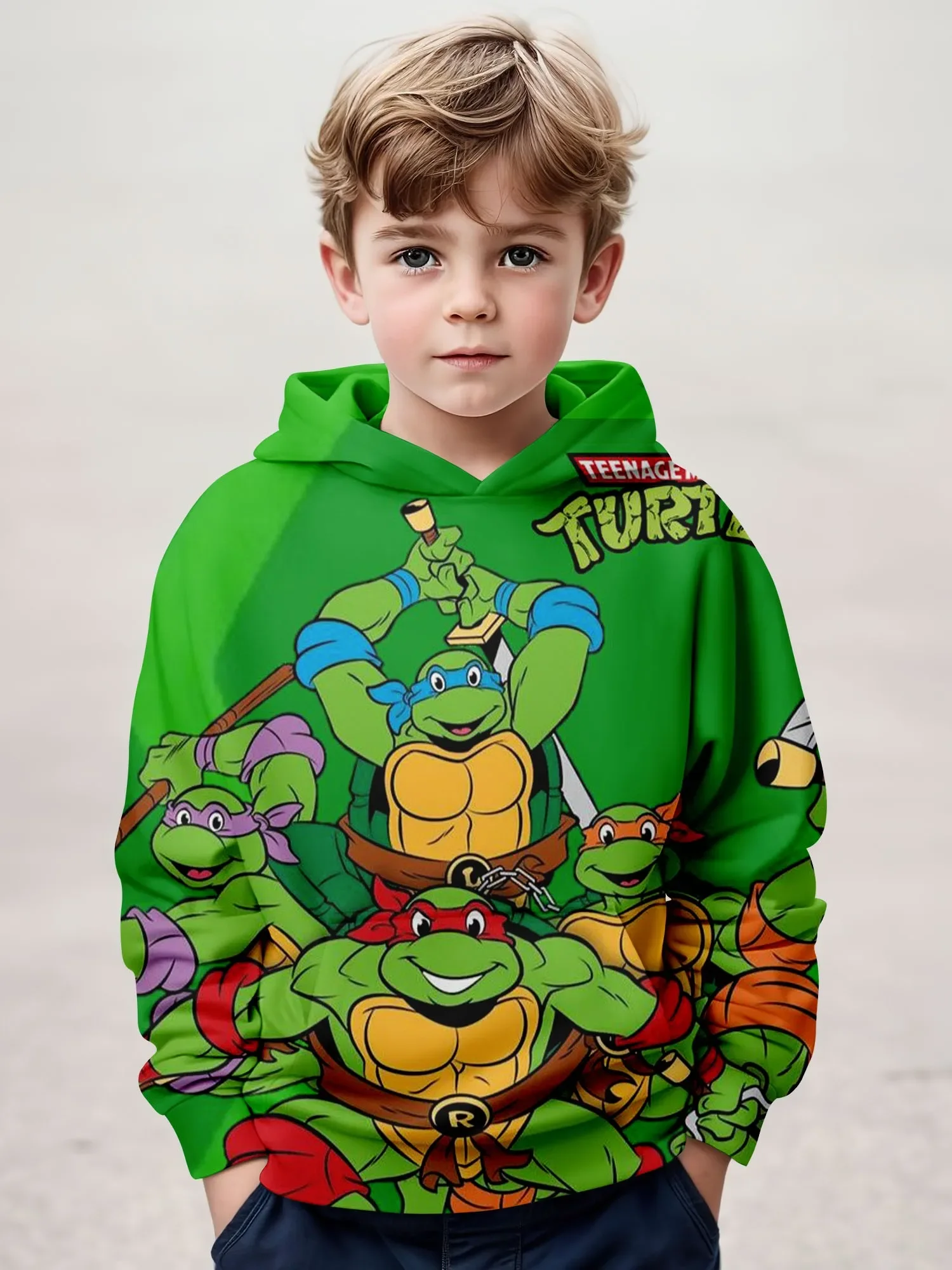 3D Printed Ninja Turtle Pattern Children's Long Sleeved Hooded Sweatshirt With Pockets for Boys' Outdoor Sports and Leisure Top