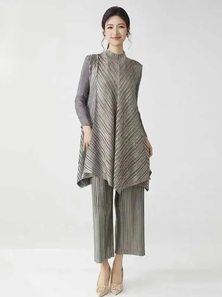 Quality Women's High Pleated Two Pieces Sets 2025 New Loose Stand Collar Long Tops And Wide Leg Straight Pants 2F22I