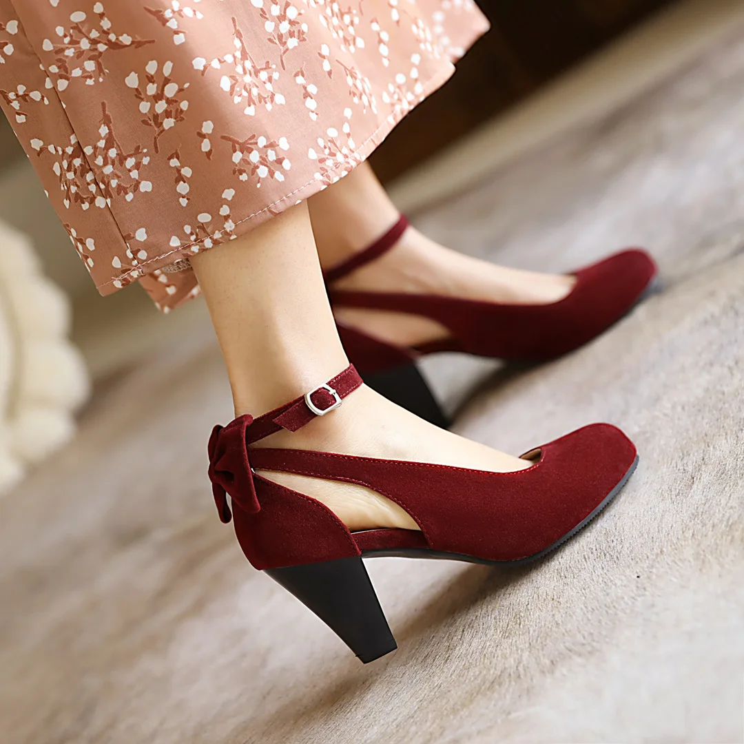 Summer Women Suede Bridal Party Office Dress Shoes High Spike Heels  Chunky Closed Toe Ankle Strap Wedding Pumps Lolita Back Bow