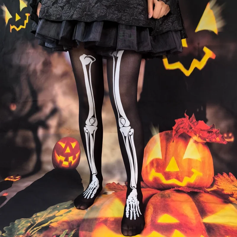 Harajuku Style Personalized Halloween Bone Skeleton Pantyhose Female Printed Black Silk Slim Disco Dancing JK Tights Women