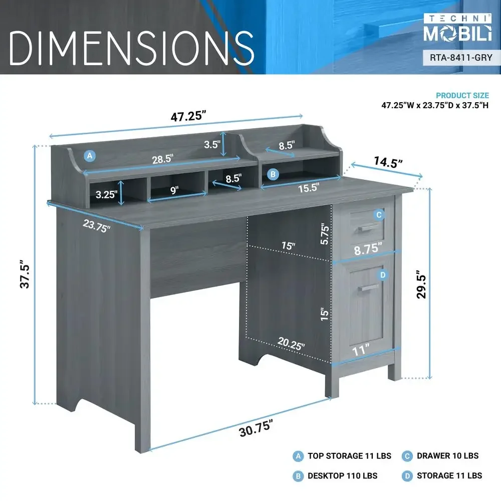 Bureau gris avec clapier de rangement, mobilier de bureau moderne, égouts à proximité latérale