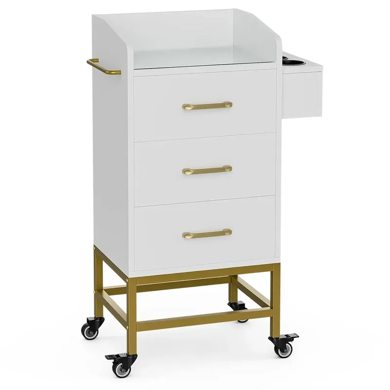 Beauty Salon Storage Trolley Cart Glass Top Hair Station Cabinet with Dryer Holder Lockable Rolling Wheels Drawer White