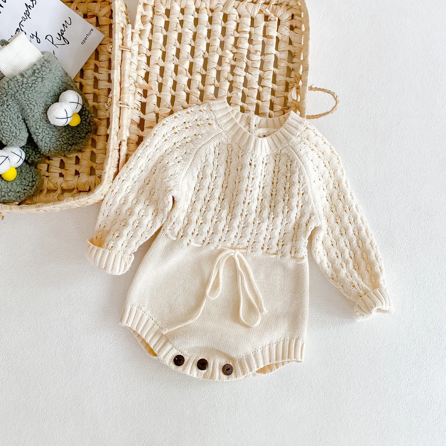 Newborn Baby Clothes Autumn Girls Knitted Hollow Out Girdle Long Sleeve One-piece Solid Color Cute Cream Belt O-neck Cotton