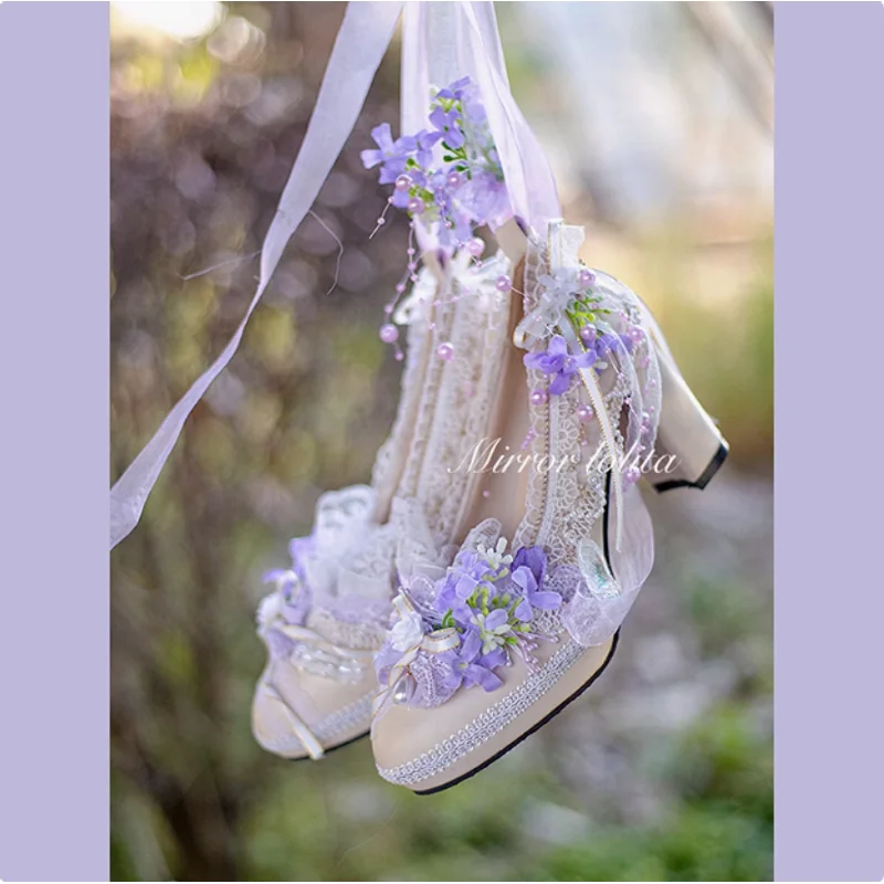 

Elegant Original Lolita Handmade Round Head Thick High Heels Lolita Flower Wedding Shoes Japanese Sweet Girl Single Shoes