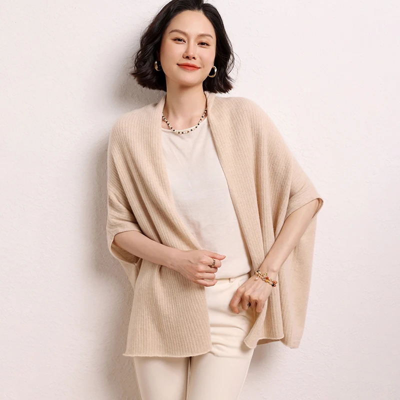 

New Spring/Summer 100% Pure Cashmere Shawl Cardigan can be Draped and Worn Women's Multi-Functional Loose Fit Wide Knit Sweater