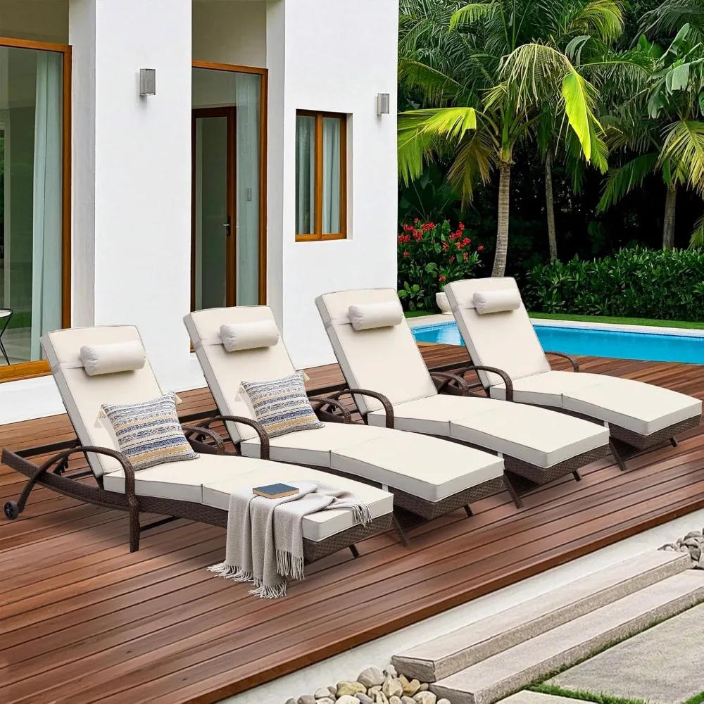 

Outdoor Lounge Chairs Set of 4 Beach Wicker Chaise Lounge with Wheels, Cushion, Adjustable Backrest and Pillow for Outside Pool