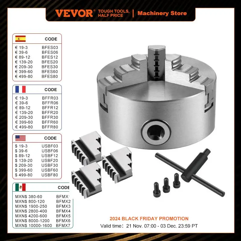 VEVOR K11 Lathe Chuck 3 Jaws Manual Self-Centering K11-100 K11-125 K11-160 K11-200 W/ Mounting Bolt for Grinding Milling Turning