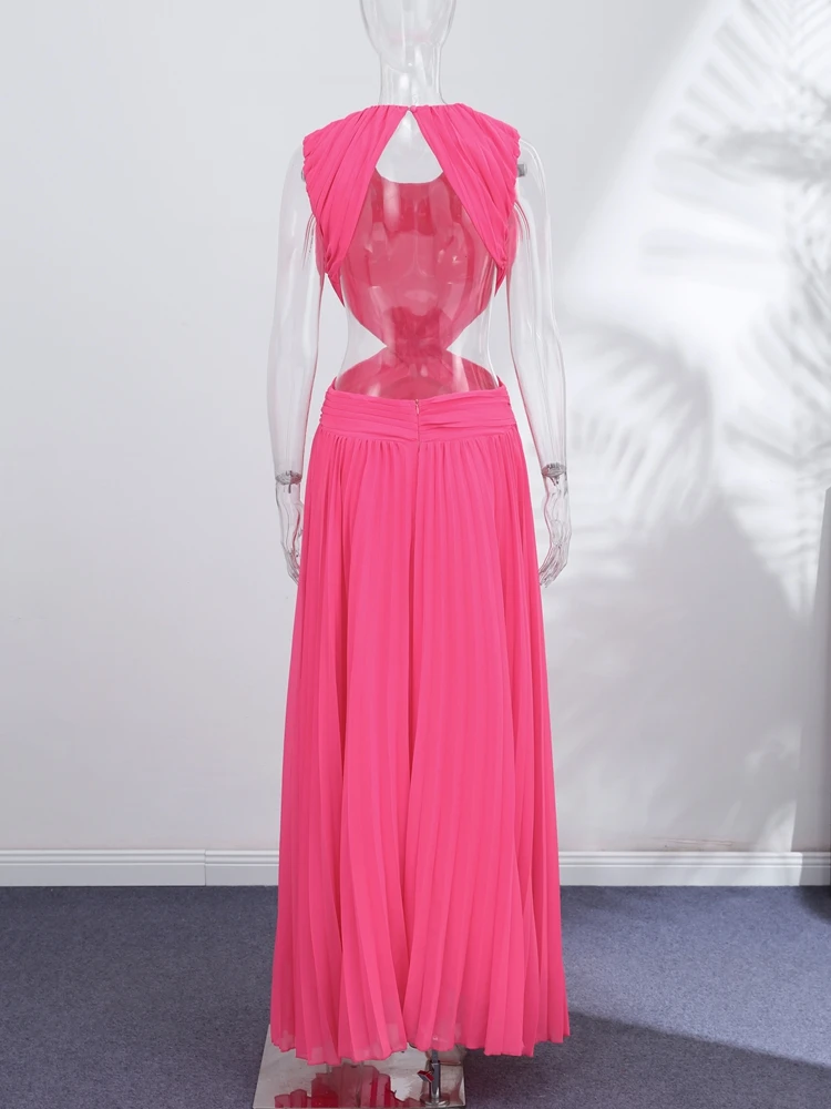 Plissiertes Taillenschnürendes Langes Kleid Damen Sexy Rundhals Ärmellos Rückenfrei Schlankes Party-Abendkleid Charmante Damen-Partykleidung – Detail 6