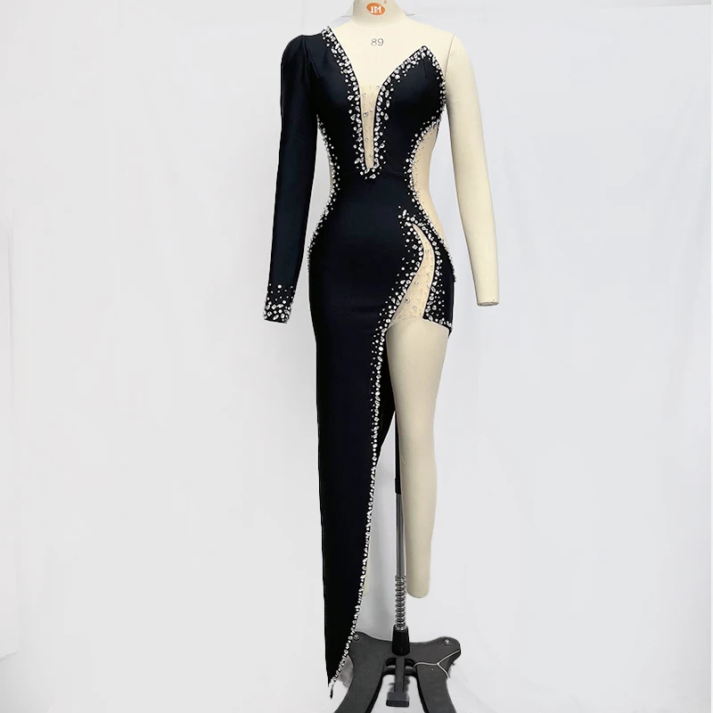 Vestito lungo dalla fasciatura del partito del Cocktail della celebrità Sexy di lusso senza spalline del diamante nero delle donne all\'ingrosso