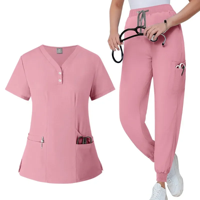 

Workwear Summer Thin Breathable Scrubs Set for Women Men Quick-Dry Doctor Nurse Unisex V-Neck Top Pants Uniform Pockets