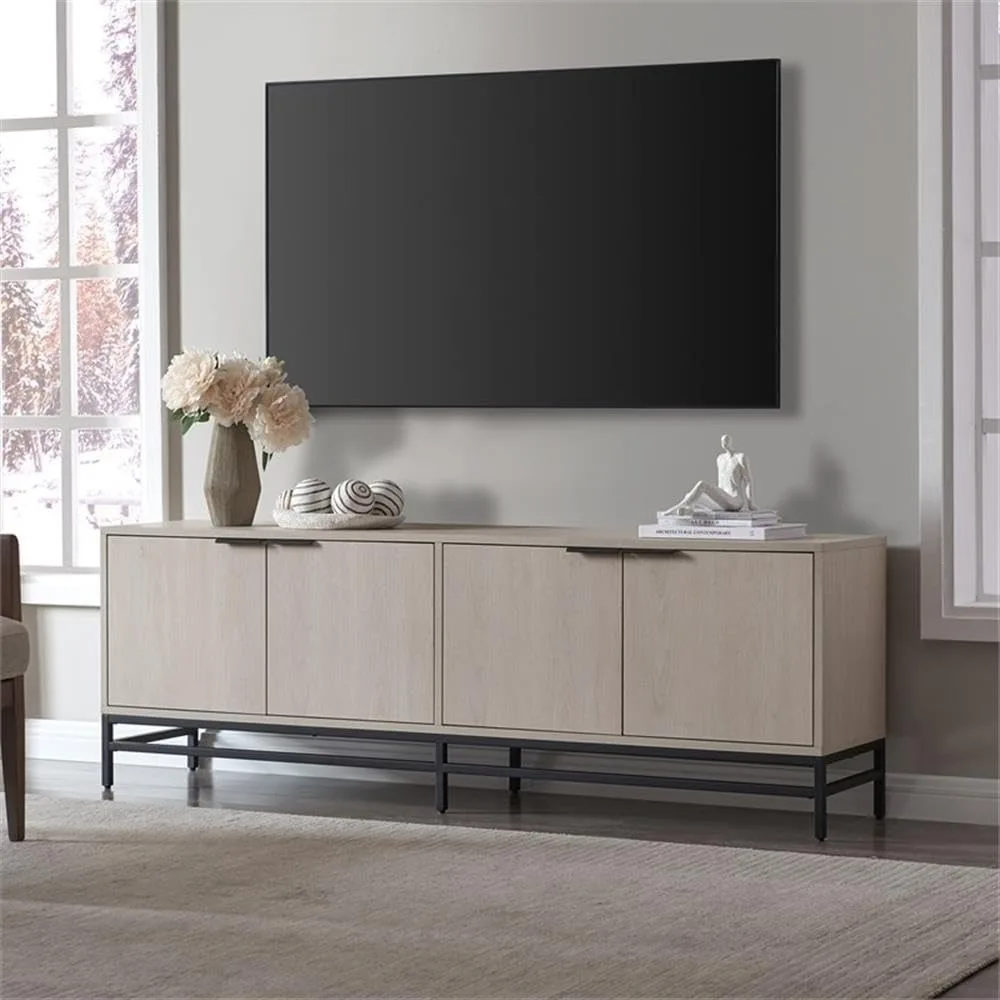 70 inch TV cabinet, transitional design, can also be used as a bookcase or sideboard, white MDF/metal, 70 L x 15 W x 24 H inches