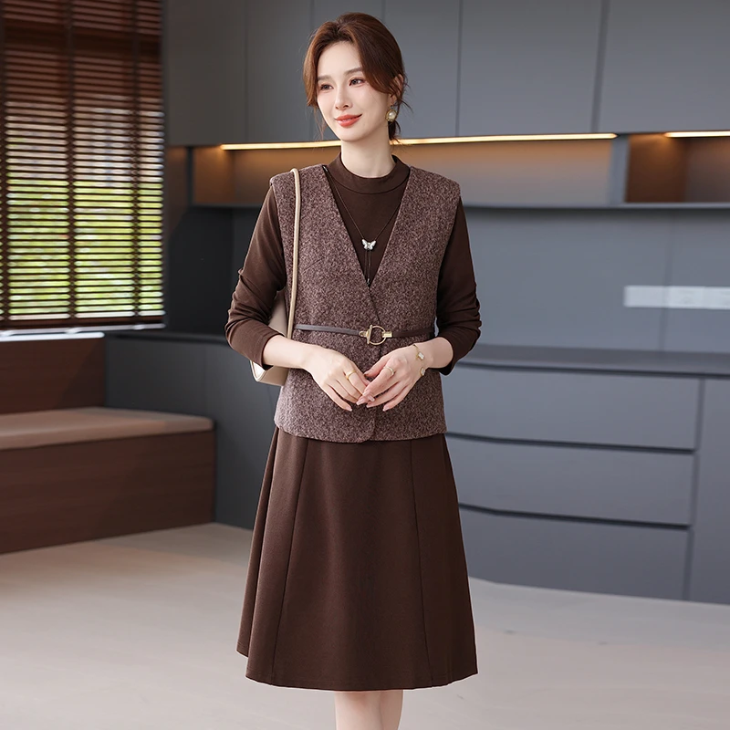 

Women Autumn and Winter Slim Party Elegant Dresses Sleeveless Midi Dress Up 2-piece vest and dress set Vestidos