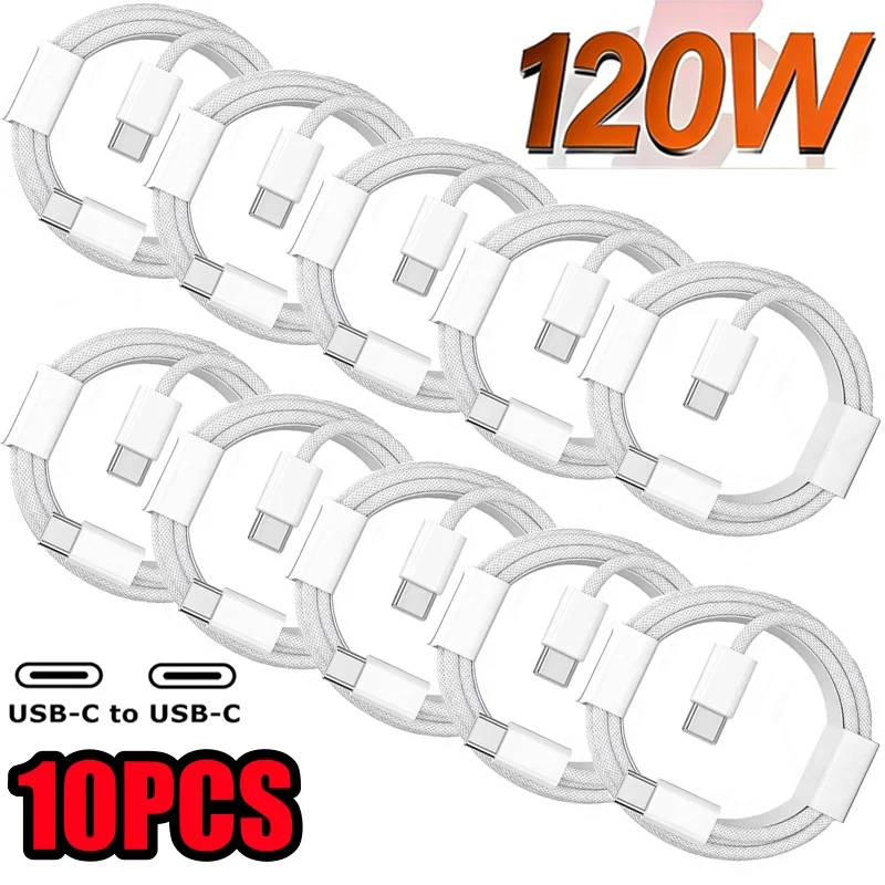 10Pcs Universal 120W 10A Fast Charger PD Dual Type C Quick Charging Cable Data Wire Cord For iPhone 16 17 Samsung HUAWEI