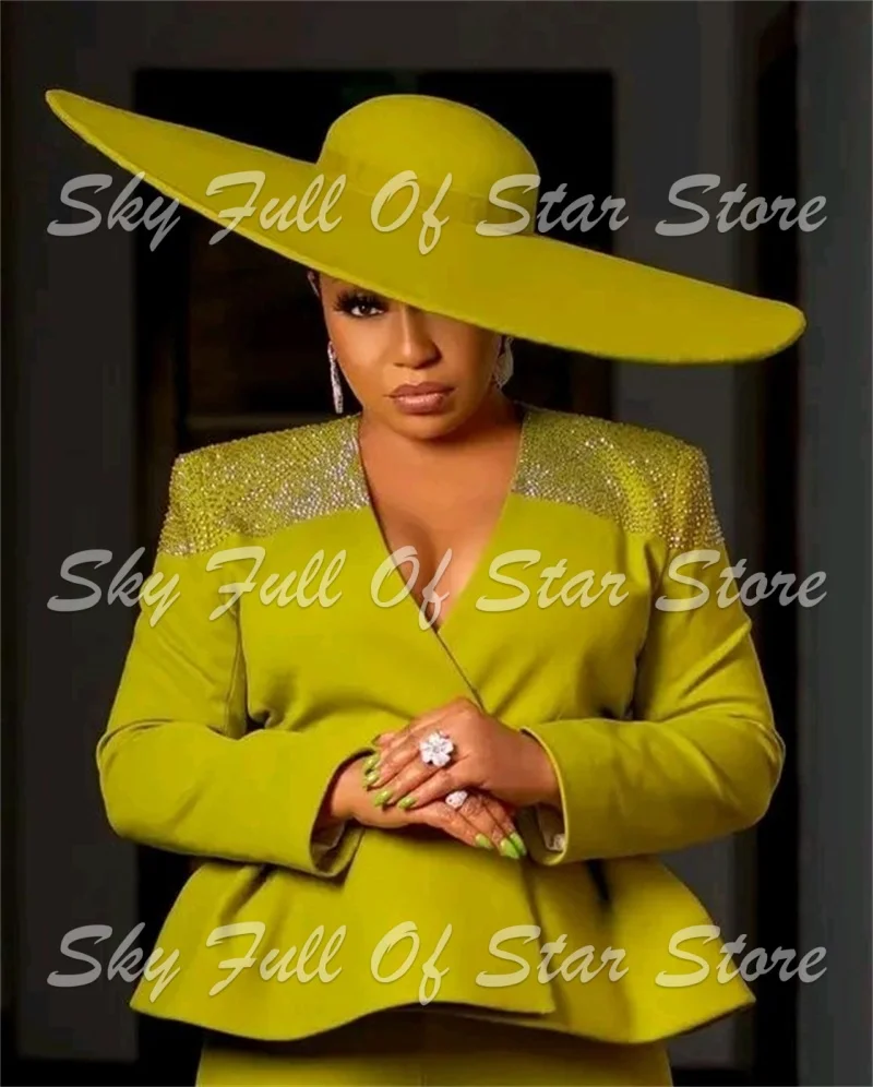 Chartreuse Rhinestone Shoulder Peplum Women Suit Set 2 Pcs V Neck Blazer+Flare Pants Formal Evening Wedding Guest Party Wear