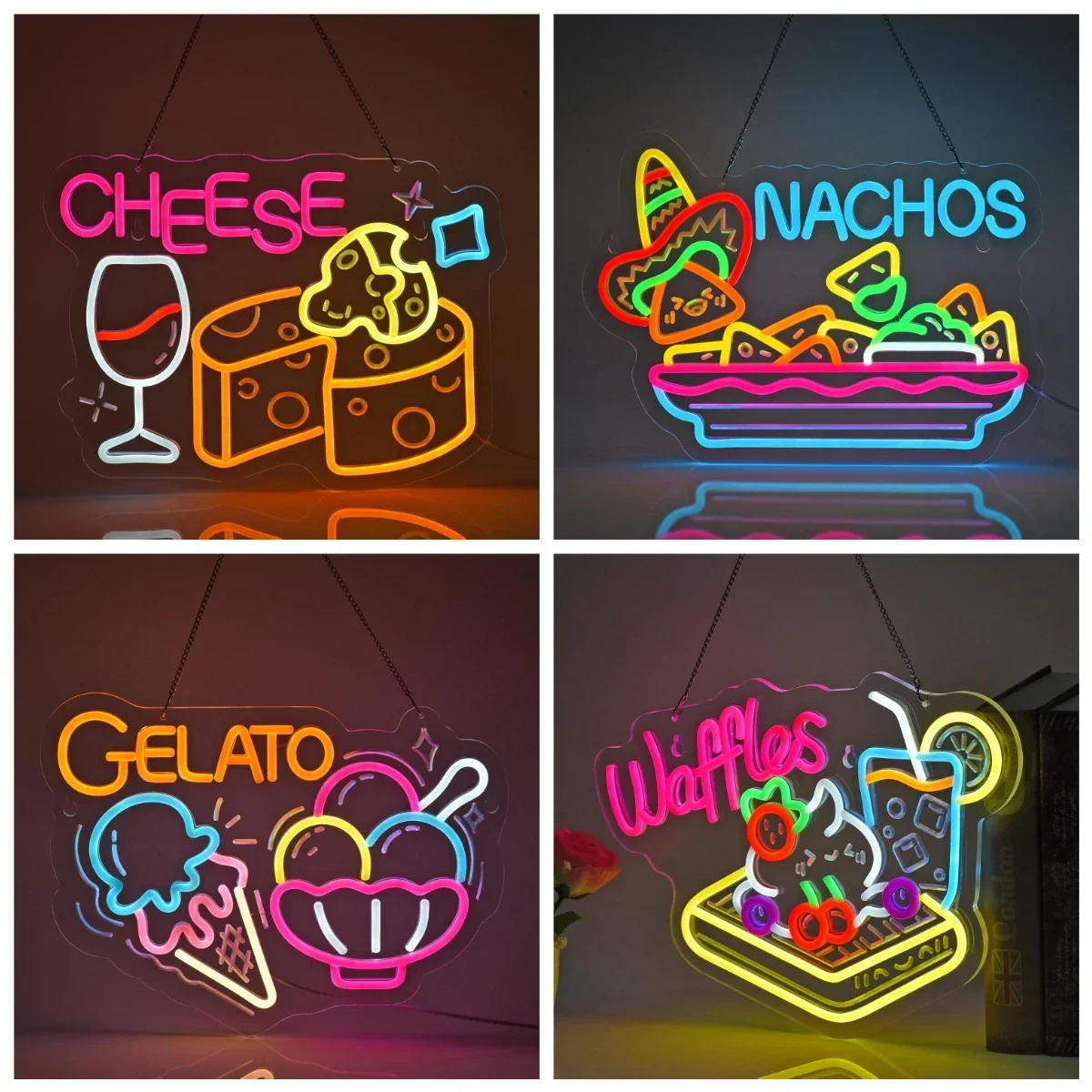 Formaggio Nachos Gelato Waffle Insegna al neon USB dimmerabile LED Insegna al neon per Drink Bar Man Cave Shop Sala giochi Decorazione da parete per feste